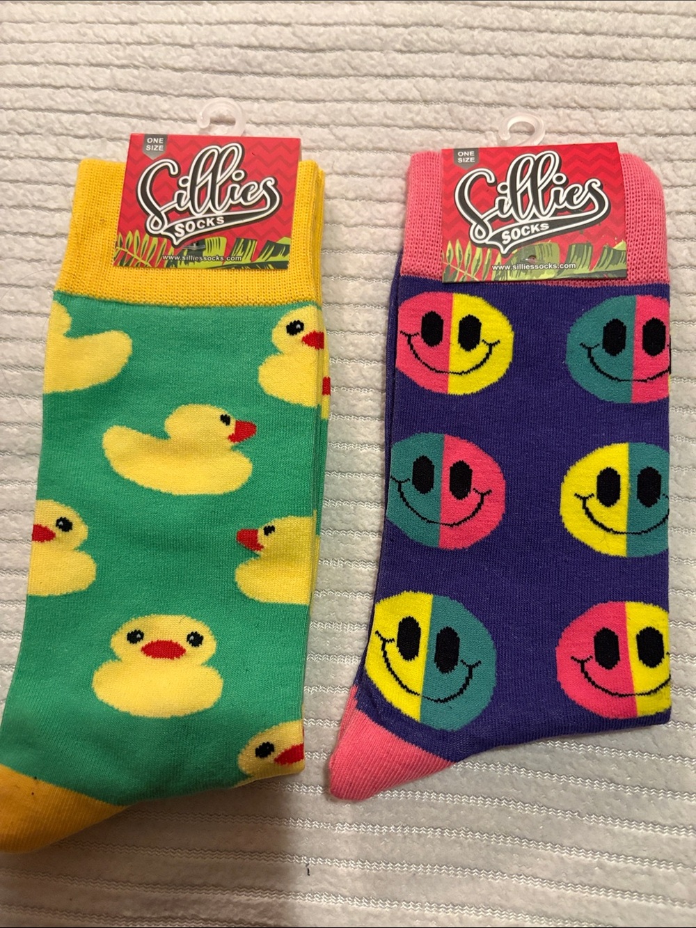 Sillies Novelty Crew Socks - Green Duck & Purple Smiley - One Size